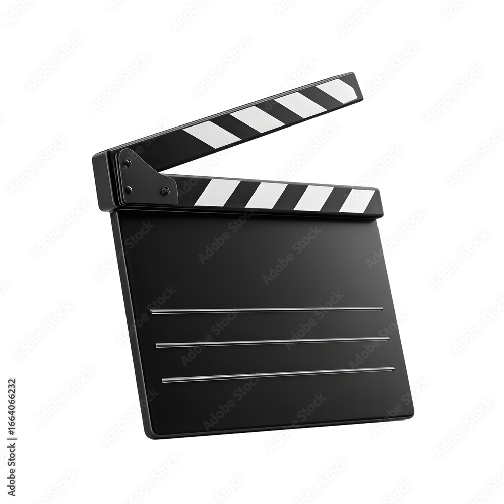 Fototapeta premium Glossy black clapperboard with white stripes open and angled to the right.