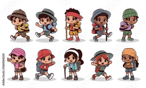 Kids hikers character vector graphic illustration set