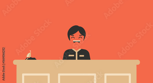 Smiling Receptionist Behind Desk with Bell Illustration.