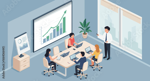 Isometric Business Meeting with Presentation and Team.
