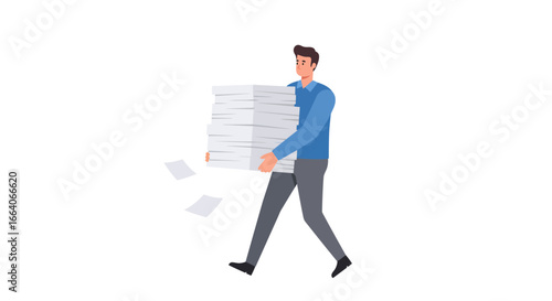 Man Carrying Large Stack of Paper Documents.