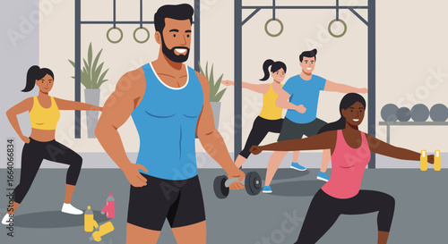 Group of People Exercising in a Gym Setting.