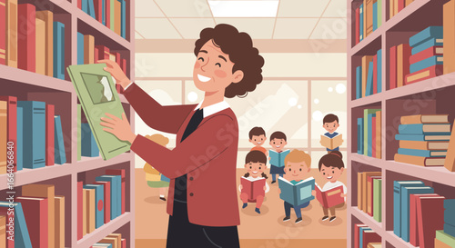 Smiling Librarian Selecting Book with Children Reading.