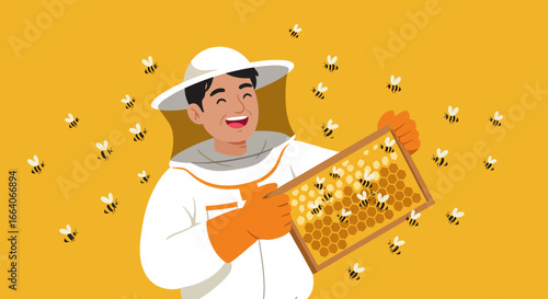 Happy Beekeeper Holding Honeycomb with Flying Bees.