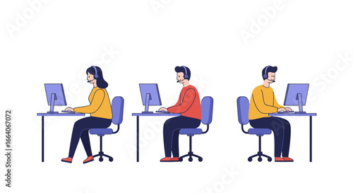 Customer Service Representatives Working at Desks with Headsets.