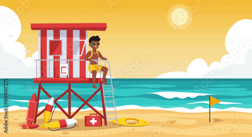 Cartoon Lifeguard Sitting on Beach Lifeguard Tower.