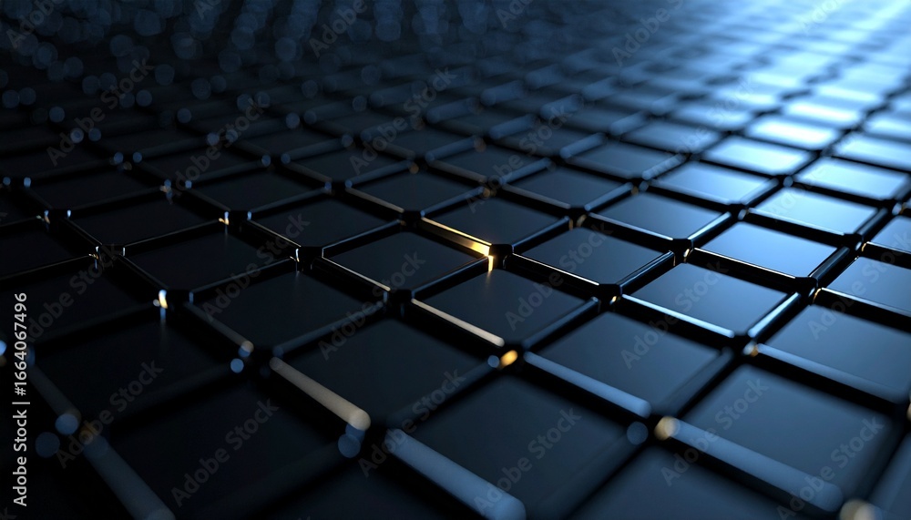 Fototapeta premium Gleaming dark grid of metallic squares, one glowing brightly.