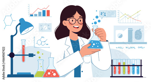 Smiling Female Scientist Holding Beaker in Laboratory.