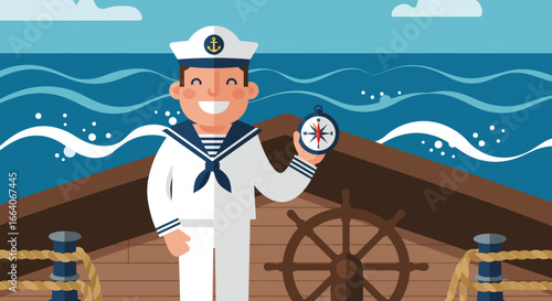 Cheerful Sailor Holding Compass on a Ship Deck.