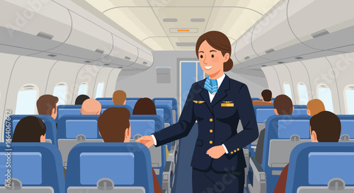 Smiling Flight Attendant Welcoming Passengers on Airplane.