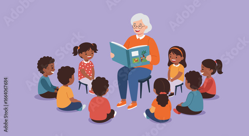 Teacher Reading Book to Children in Circle.