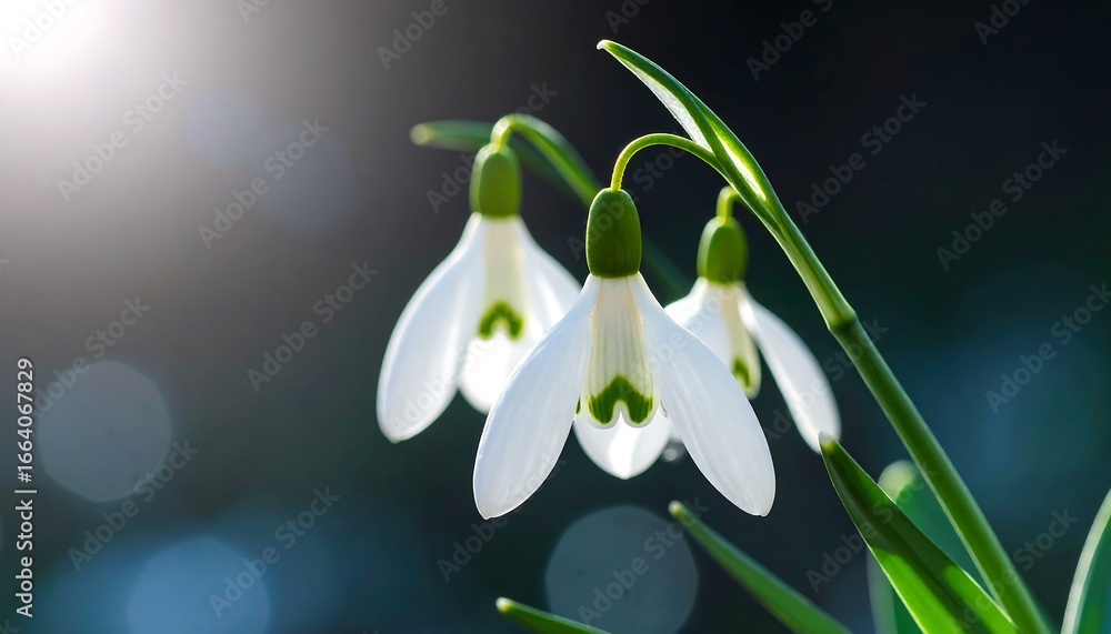 Fototapeta premium Delicate white snowdrop flowers, with vibrant green stems, are highlighted against a soft, dark backdrop.