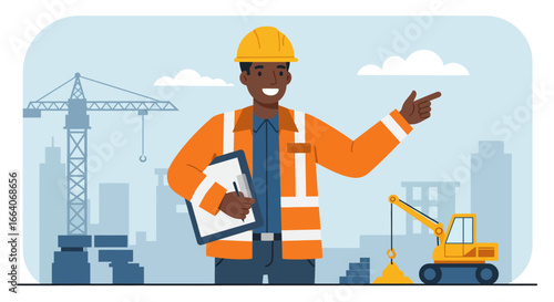 Smiling Construction Worker Pointing with Clipboard.