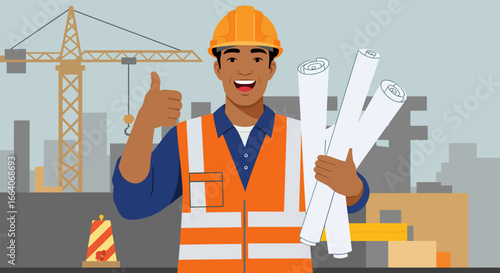 Smiling Construction Worker with Blueprints and Thumbs Up.