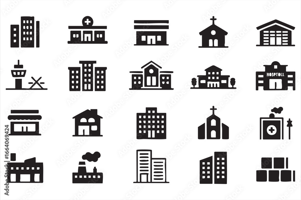Healthcare Facility, House, and Office Icons for Digital Projects Healthcare Facility, House, and Office Icons for Digital Projects