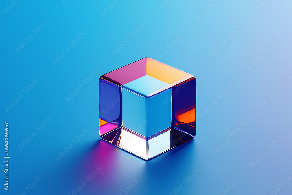 Obraz premium Transparent cube with colorful reflections on blue background 1