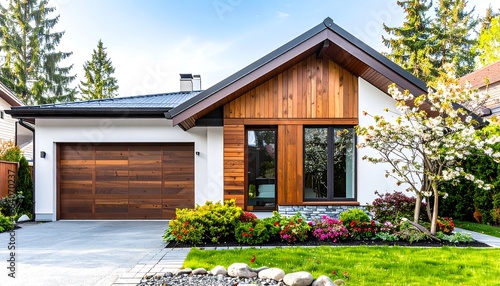 A modern, wood-sided house with a white facade, a brown garage door, and a vibrant flower garden.