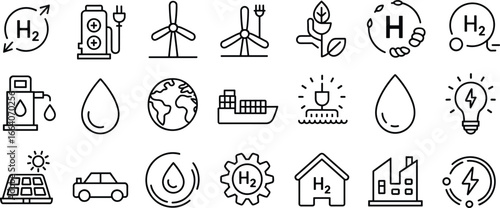Hydrogen energy icons collection, renewable power, clean fuel, eco transport, green industry, sustainability, electricity, solar, wind, and water flat vector illustration