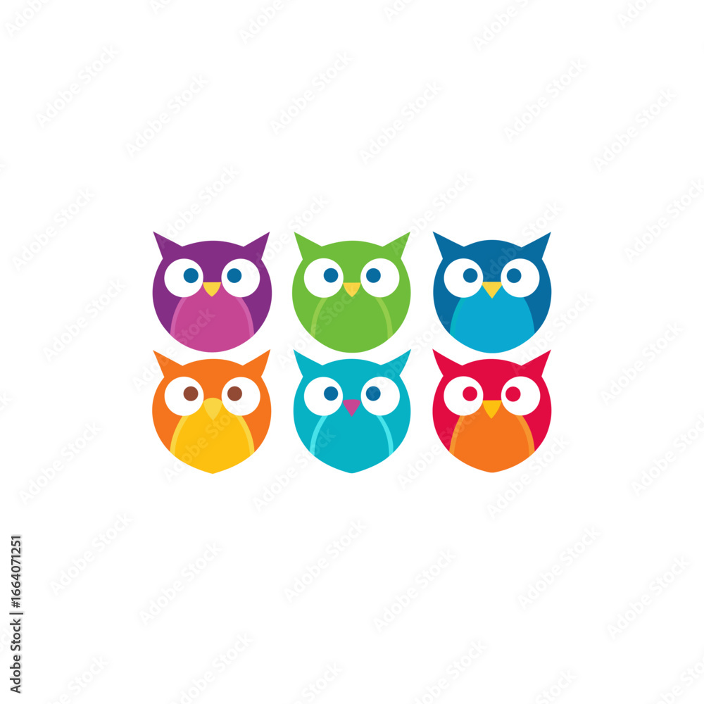Fototapeta premium 6 owl icons vector colorful white background