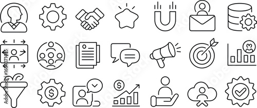 Business marketing icons set, customer relationship management, teamwork communication, growth analysis, digital strategy, success achievement, financial progress, online branding illustration