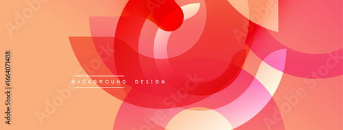 Abstract geometric shapes overlap, creating vibrant color gradients. Peach tones dominate background, with red accents. Modern design element.