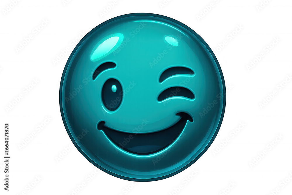 Fototapeta premium Turquoise winking emoji with a playful expression, conveying happiness and lightheartedness on a transparent background