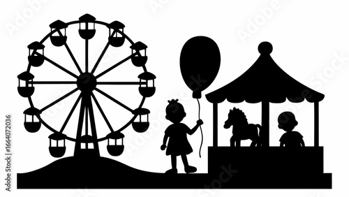 Silhouette of a fairground scene with ferris wheel carousel and child holding a balloon in black
