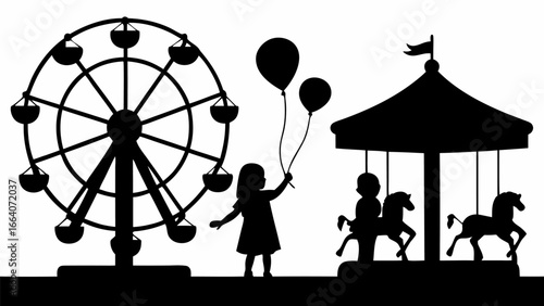 Silhouette illustration of a fairground scene with a ferris wheel carousel and a child with balloons