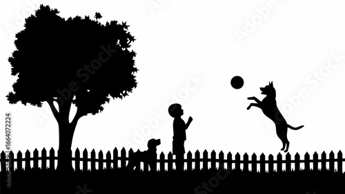 Silhouette of a child and dogs playing with a ball in a yard with a tree and a fence in the background