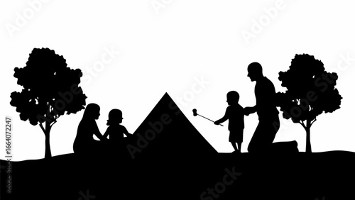 Silhouette of a family camping with a tent and trees in a black and white landscape illustration