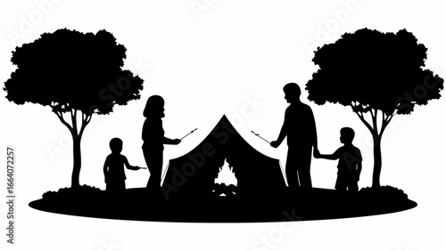 Silhouette of family camping with tent and campfire under trees roasting marshmallows on sticks outdoors