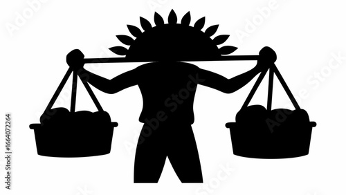 Silhouette of a person carrying two baskets with a yoke and a sun like object on their head