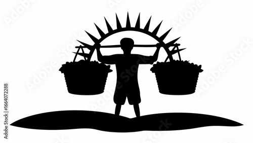 Silhouette of a man carrying baskets on a pole with a sunburst design above his head in black and white
