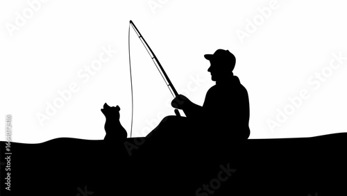 Silhouette of a man fishing with a fishing rod in a boat accompanied by a dog on a white background