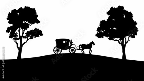 Silhouette landscape with horse drawn carriage between trees on a hill in black and white scenery