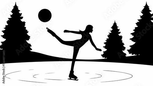 Silhouette of a female ice skater performing in a winter landscape with trees and a visible circle sun