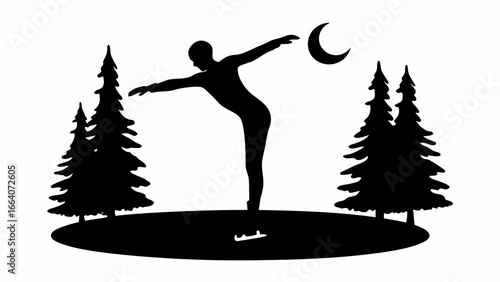 Silhouette of a figure skater on ice with trees and a moon under the night sky in black and white