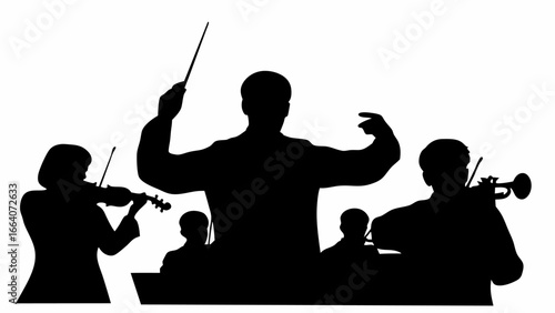 Silhouette of an orchestra performing with a conductor leading violin and trumpet players in concert