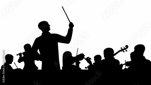 Silhouette of a conductor leading an orchestra with string instruments against a white background scene view