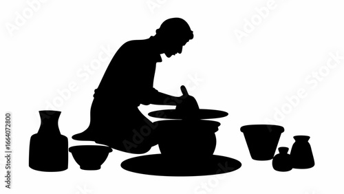 Silhouette of a potter shaping clay on a spinning wheel surrounded by finished pottery in black and white