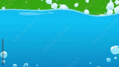 Dynamic Cartoon Ocean Wave Swells and Breaks into Submerged Underwater View with Bubbles on Green Screen for Compositing