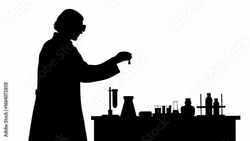 Silhouette of a scientist in lab coat holding a test tube over laboratory glassware on a table top view