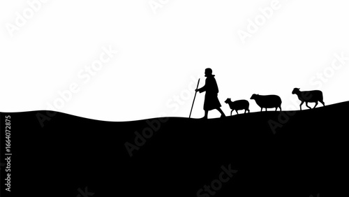 Silhouette of a shepherd walking with sheep across a hill in a black and white landscape illustration