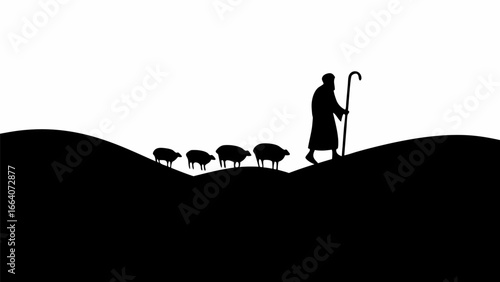 Silhouette of a shepherd with a staff leading a flock of sheep over rolling hills in black and white art