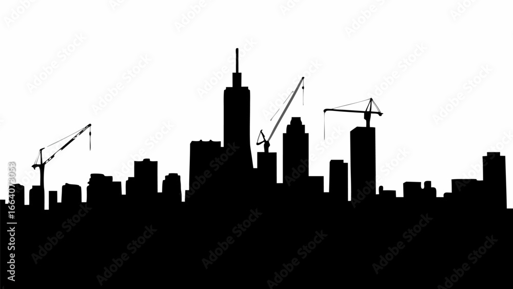 Fototapeta premium Silhouette of a city skyline with skyscrapers and construction cranes against a white background scene view