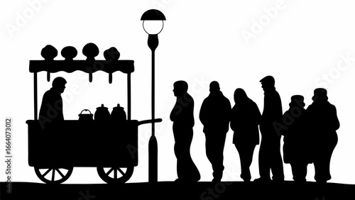 Silhouette of a street vendor with a cart and a line of people waiting next to a lamppost in black and white