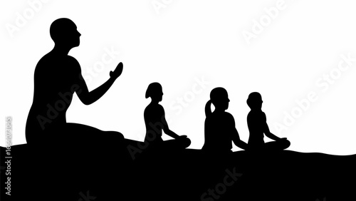 Silhouette of a yoga instructor with raised hand teaching meditation to three students in lotus position