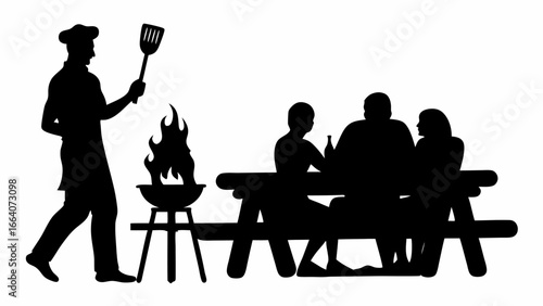Silhouette of a chef grilling with people at a picnic table enjoying a barbecue gathering outside
