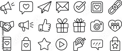 Business and marketing icons, social media communication, customer feedback, online shopping, partnership handshake, digital promotion, gift box, engagement, interaction design