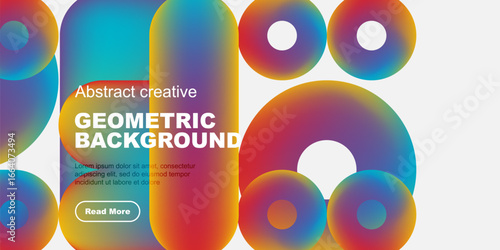 Vibrant overlapping circles create dynamic abstract composition. Bold text promotes geometric background design. Minimalist style.